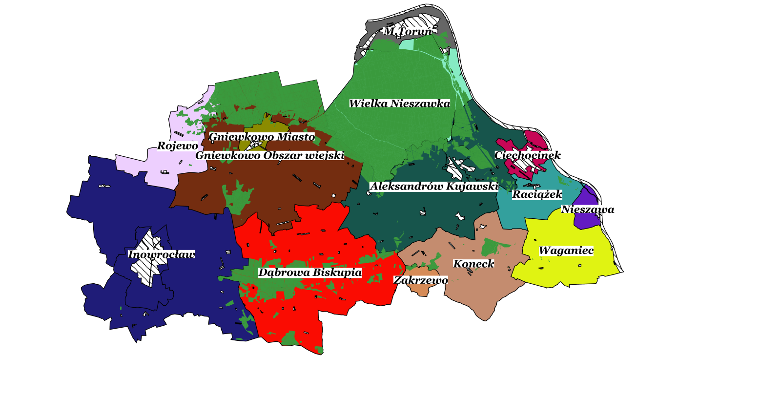 Położenie Nadleśnictwa Gniewkowo na terenie 13 gmin.